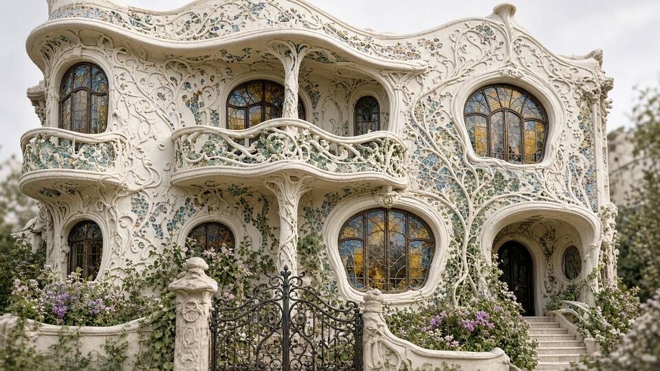 A printed Art Nouveau townhouse with flowing botanical ornament and curved stained-glass windows.