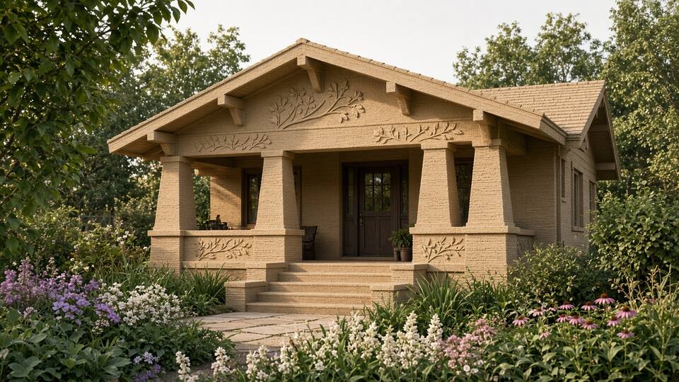 A printed Craftsman-style bungalow with a deep porch, tapered columns, and detailed eaves.