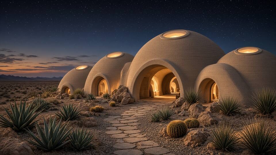 A cluster of smooth printed domes in a desert landscape with shaded openings.