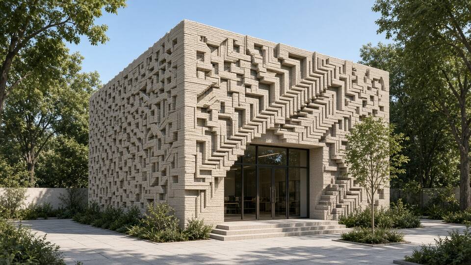 An office building whose facade suggests M.C. Escher-style impossible stairs and interlocking forms.