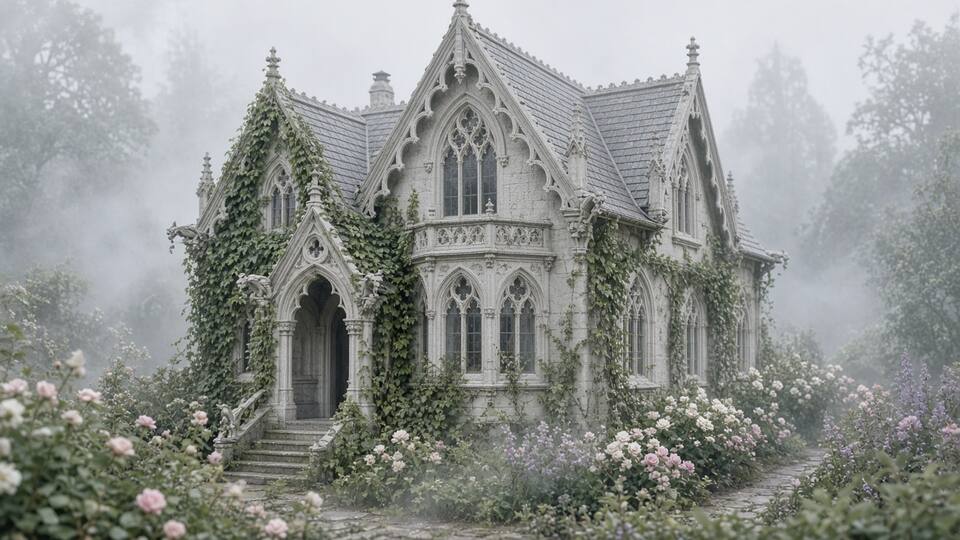 A small gothic cottage with pointed arches, tracery windows, and gargoyles over the gutters.