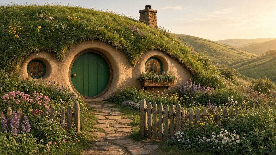 A rounded, earth-sheltered printed home with a circular door set into a grassy hill.