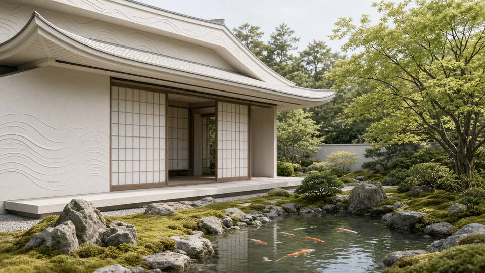 A calm Japanese-modern printed house with smooth walls, deep overhangs, and a garden courtyard.