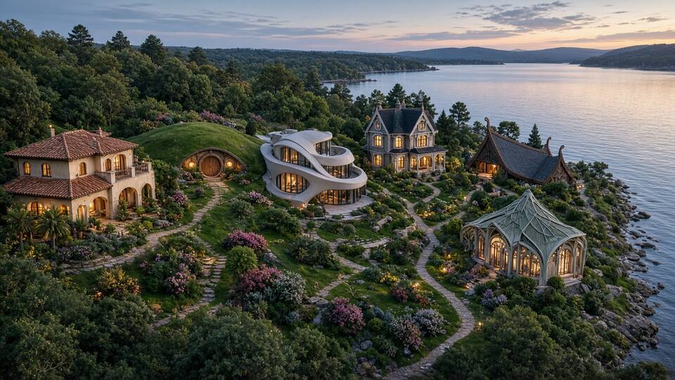 A lakeside neighborhood of varied printed homes reflected in the water.