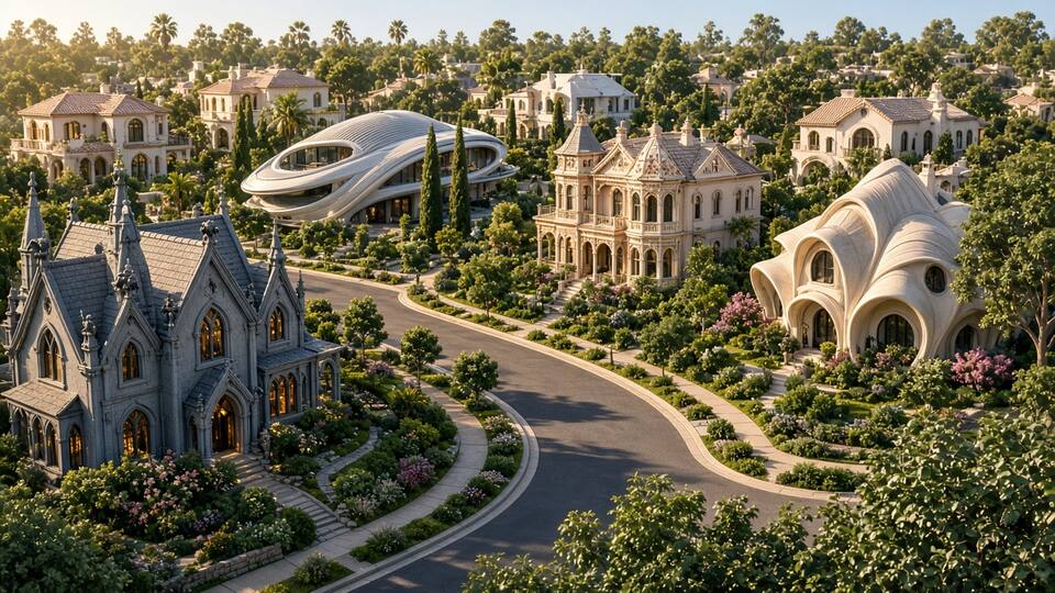 A printed neighborhood mixing traditional, futuristic, and organic houses along one street.