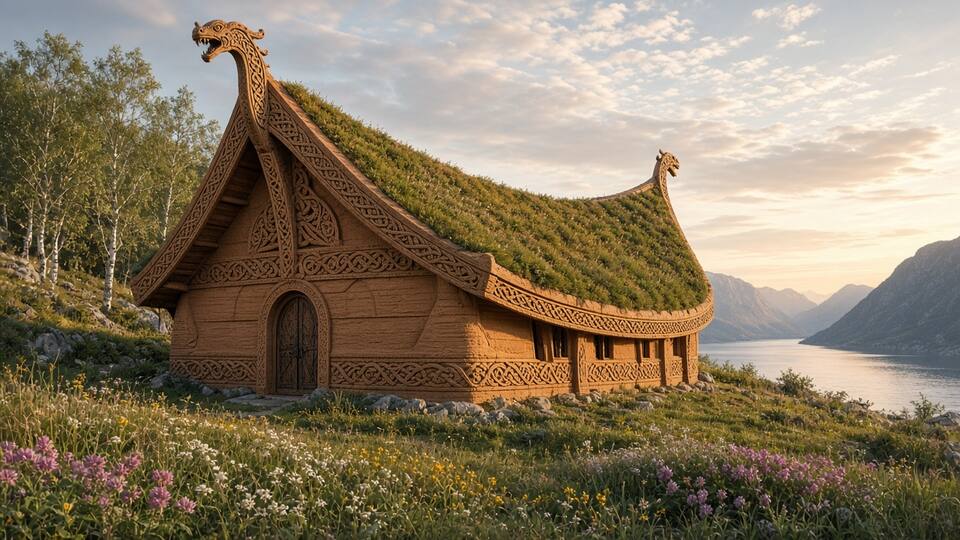 A printed house inspired by a Norse longhouse, with a curved roof ridge and carved dragon-head gable ends.