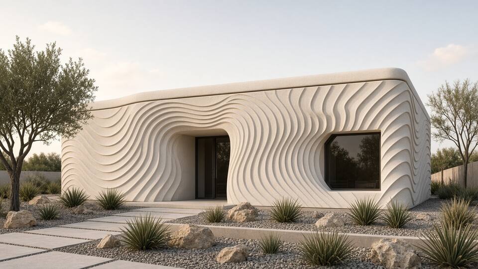 A house whose printed facade forms an optical illusion of rippling, receding patterns.
