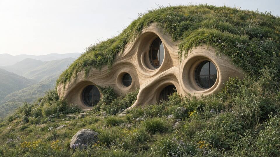 An organic, flowing printed home that seems to grow from a hillside, with curved terraces and windows.