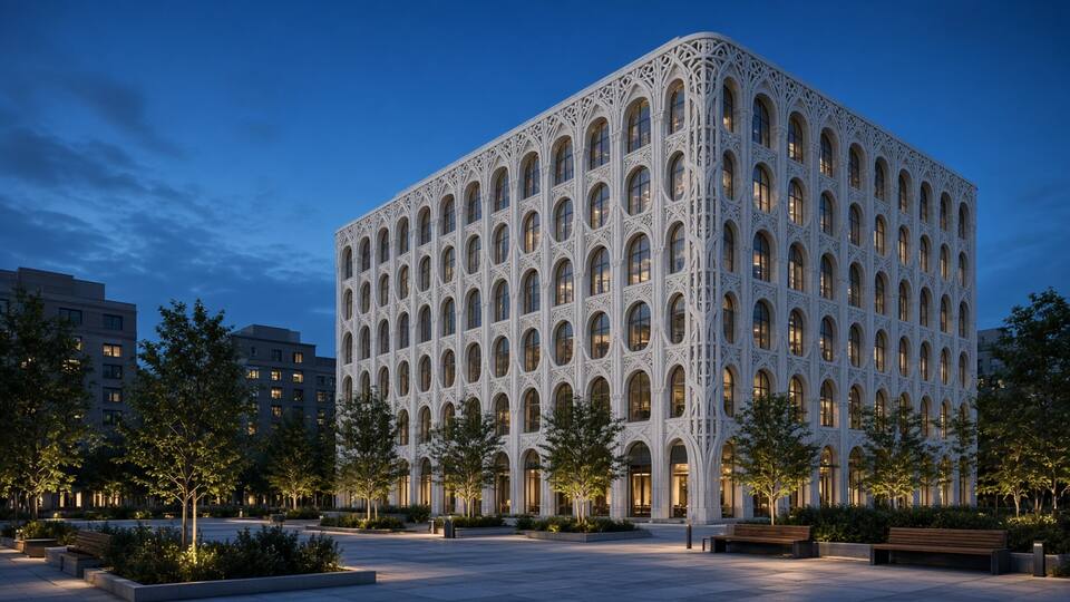 A multi-story printed office with sculpted, ornamented facade panels and freeform windows.