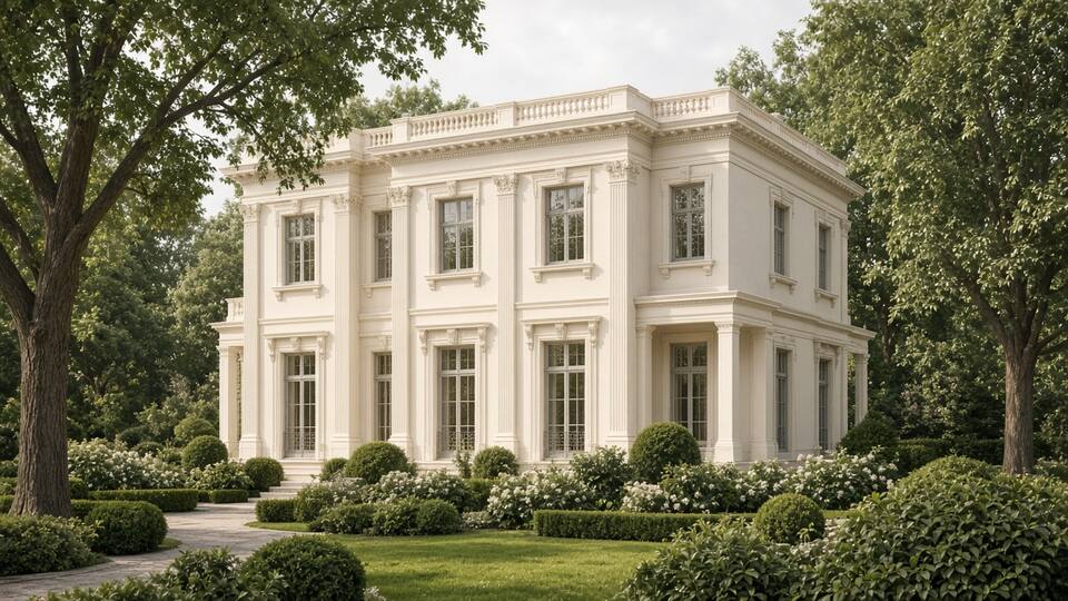 A classically proportioned printed house with crisp moulding, cornices, and carved-looking ornament.
