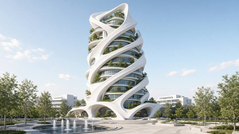 A corporate headquarters that spirals upward in a continuous printed ribbon of floors and glass.