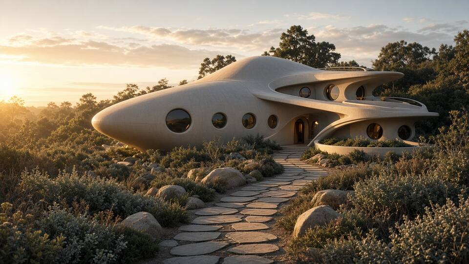 A printed house styled like a landed starship, with sweeping hull curves, fins, and glowing window strips on a quiet lot.