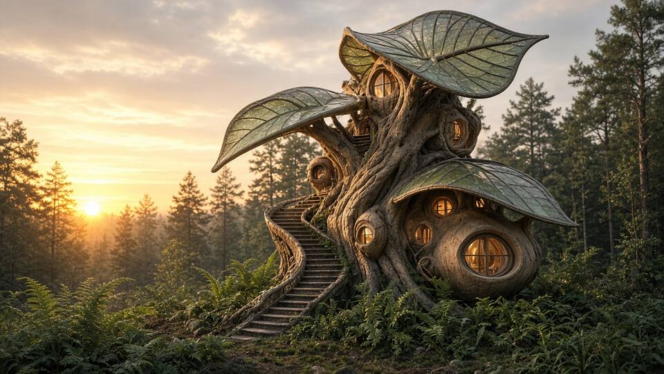 Organic pod-shaped printed rooms nestled among and around tree trunks.