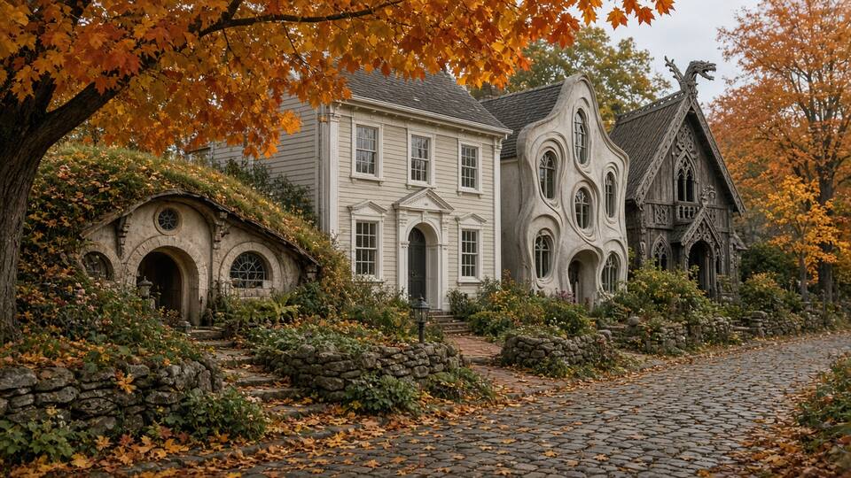 A village lane of printed houses in many different styles side by side.