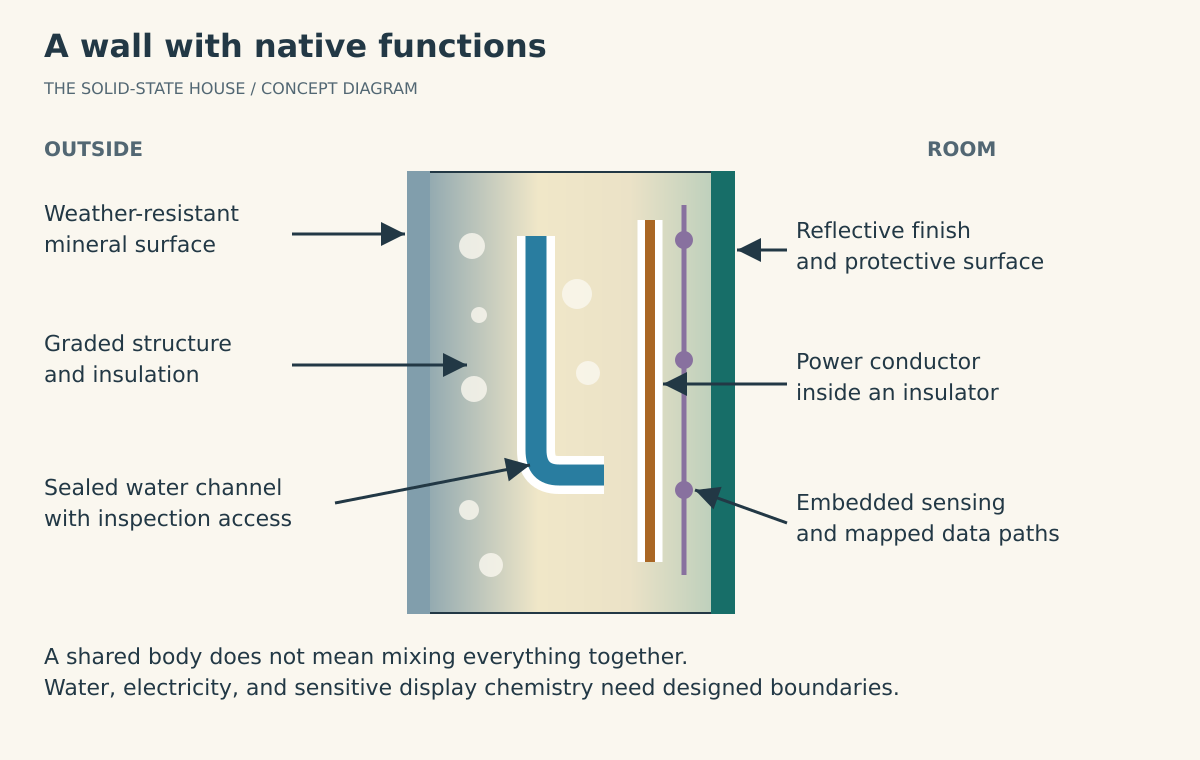 Conceptual wall section showing a graded mineral body with isolated water and power paths, sensing, and an interior reflective finish.