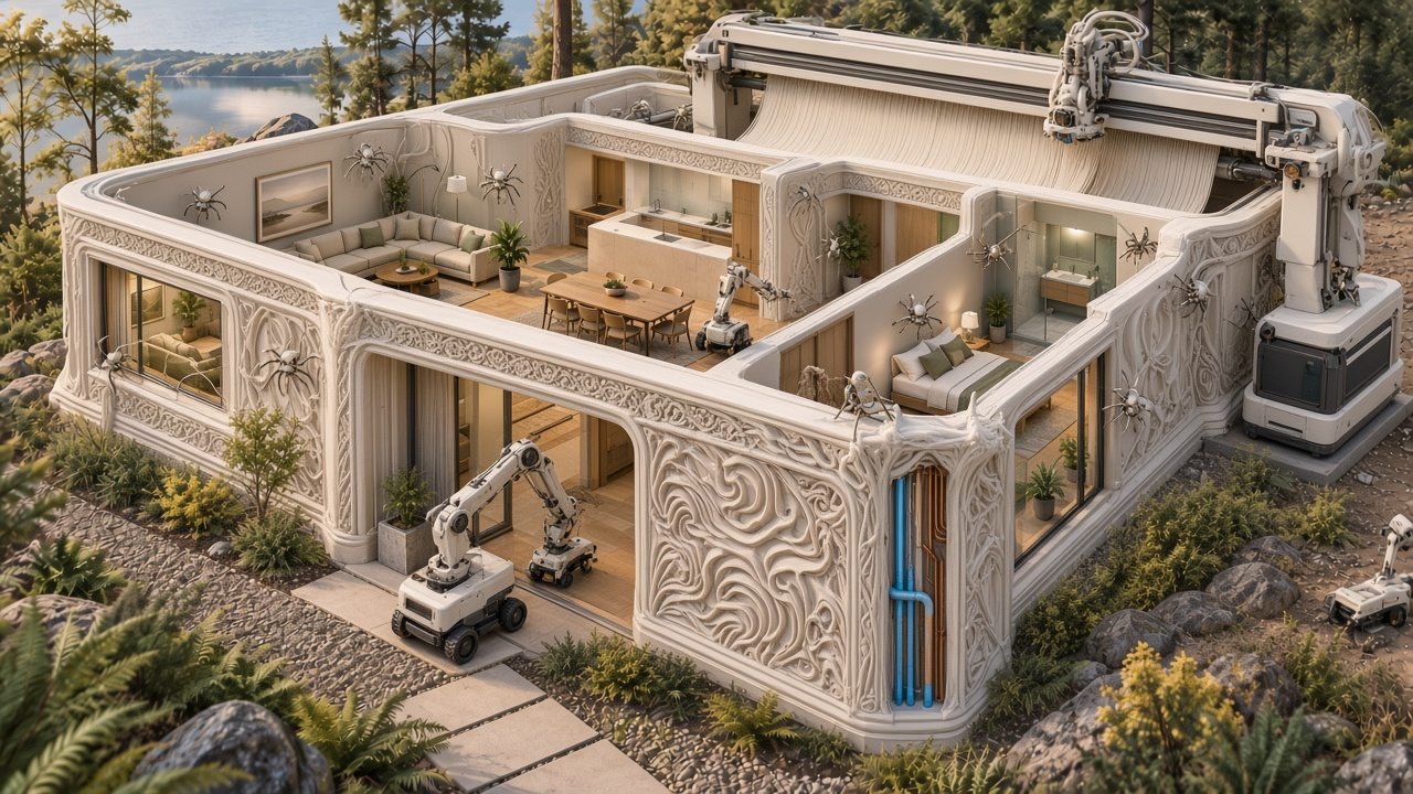 Concept illustration of a smooth mineral house on a wooded site, with separate robots for bulk construction, surface finishing, and inspection. A cutaway reveals rooms and a symbolic view of service paths.